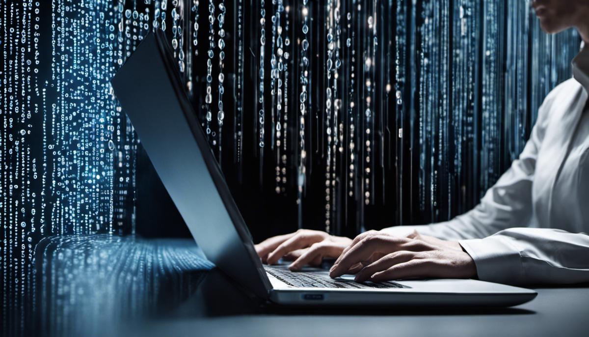 Image of a person working on a laptop with binary code in the background, representing cyber security career opportunities.