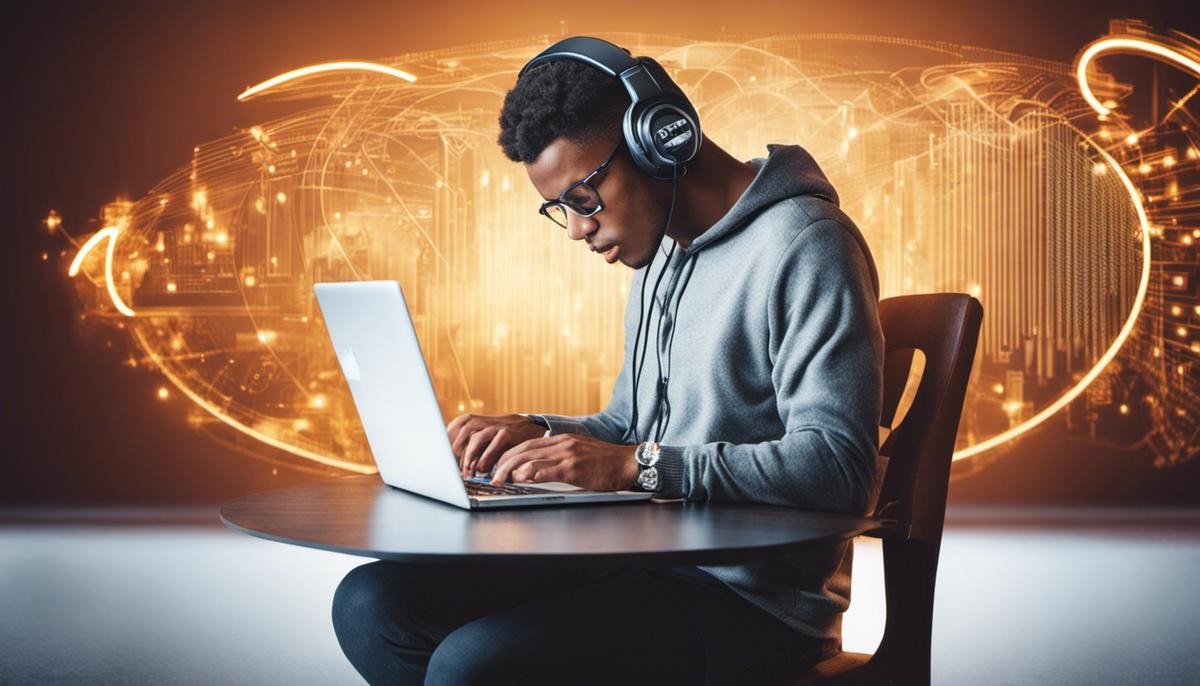 An image of a person studying cybersecurity online using a laptop and wearing headphones