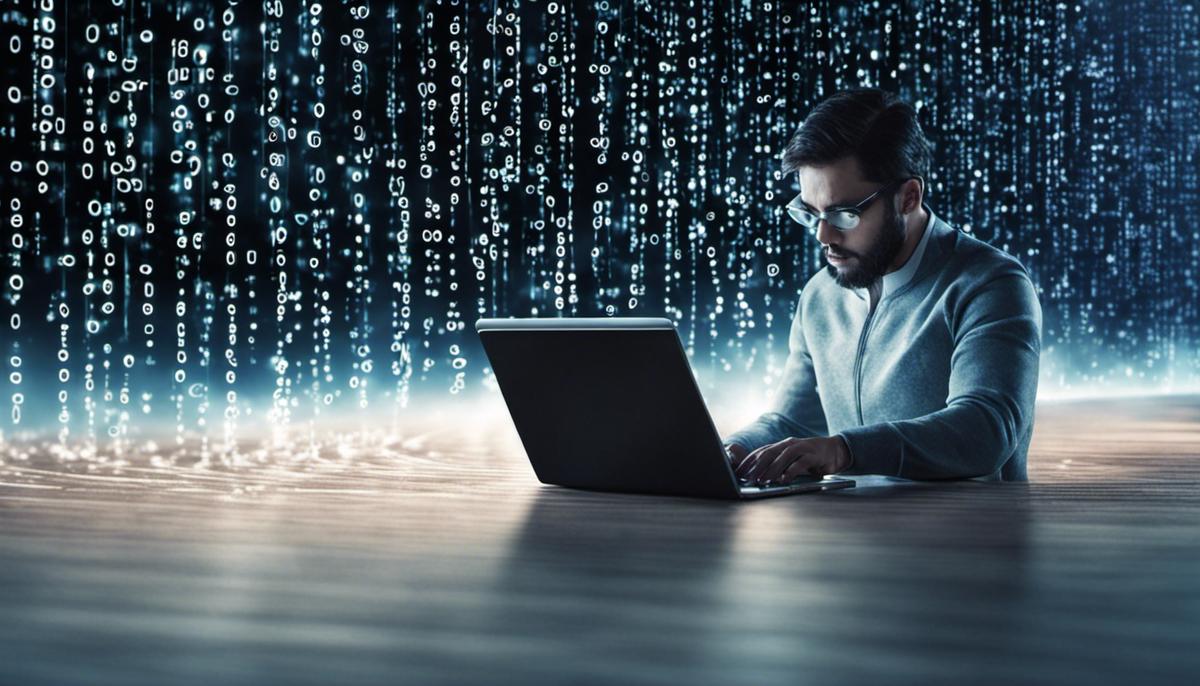 Image: A person using a laptop with binary code floating around, representing the field of cyber security