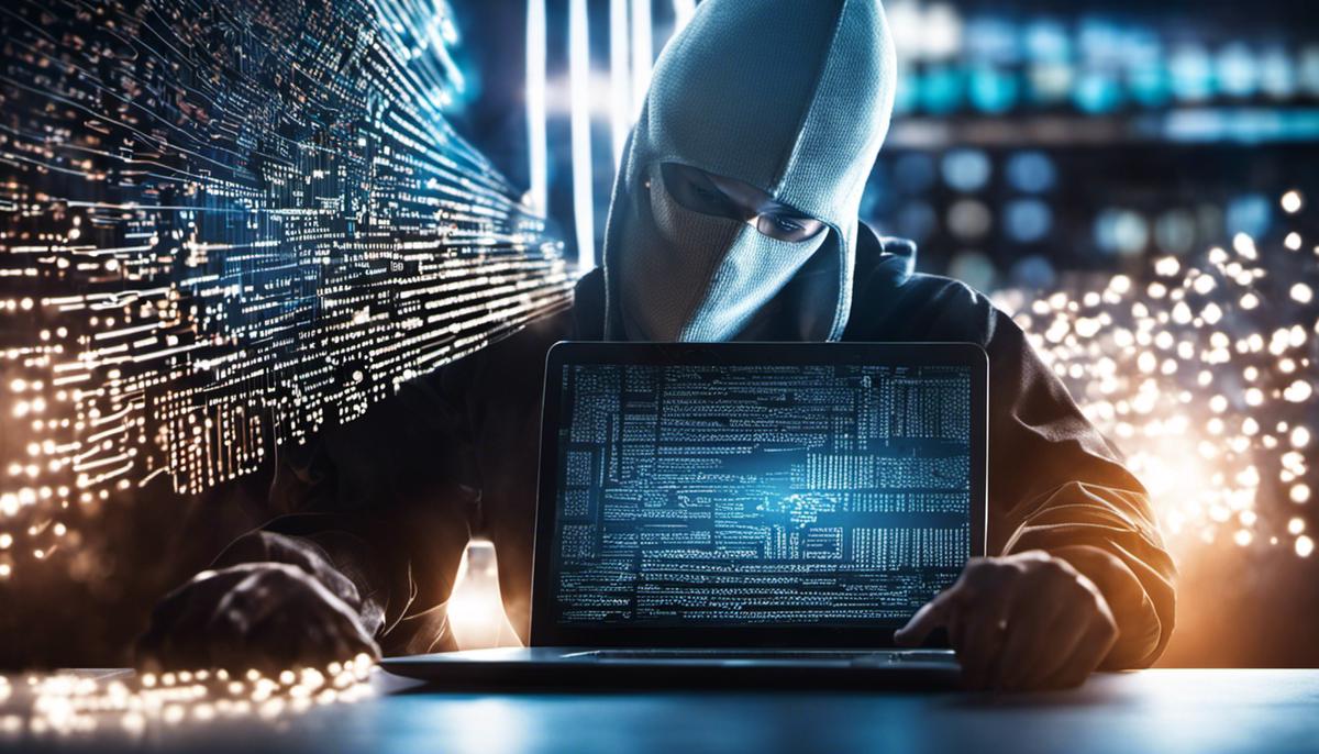 Image of a person working on a laptop with binary code and a lock, representing cyber security